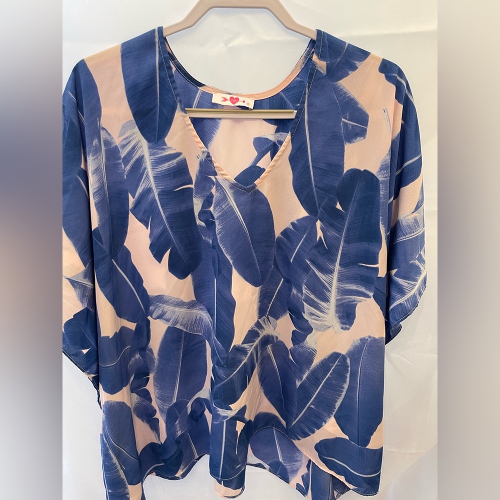 Buddy Love Blue Tropical Leaf Tunic Blouse Flowy Boho Resort Top Small